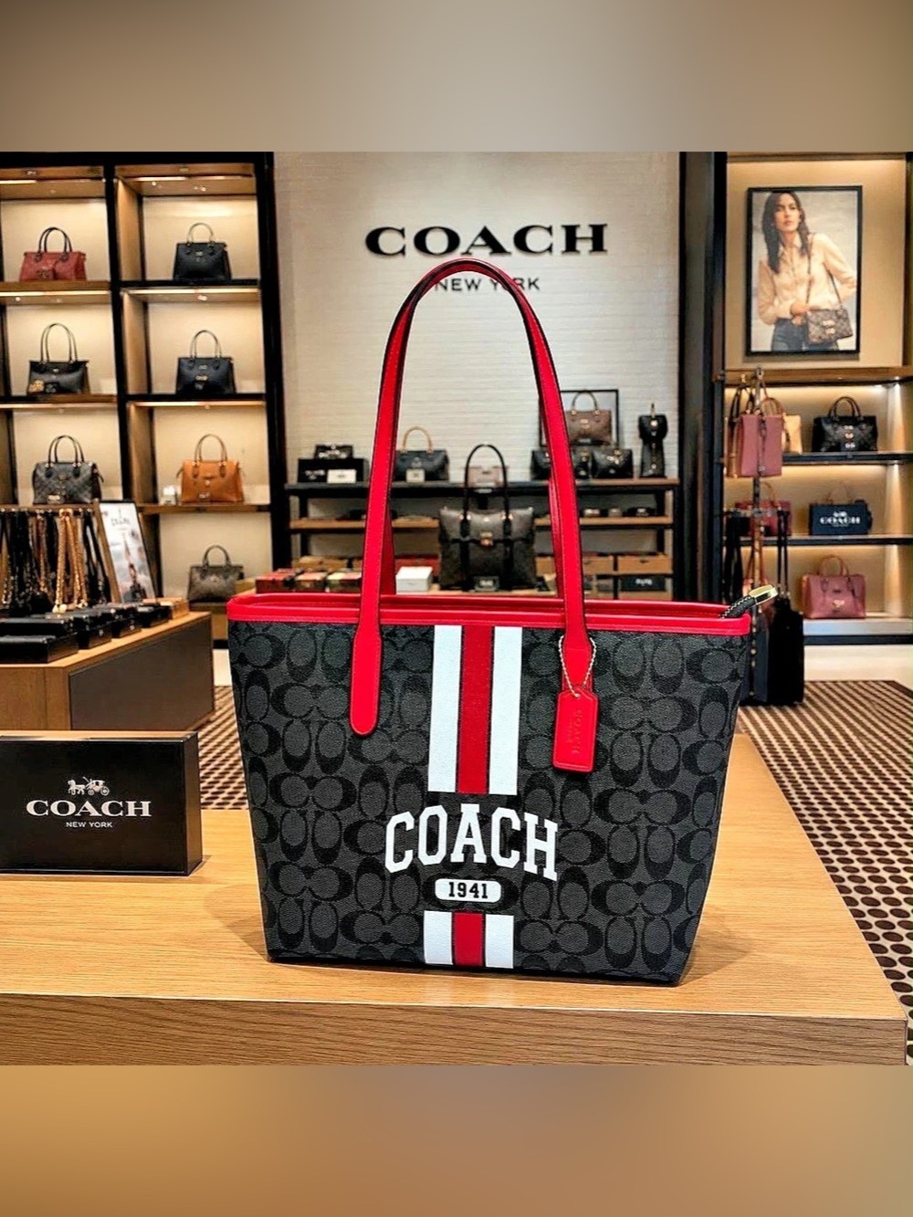 Coach City Tote In Signature Canvas With Varsity Stripe And Coach Patch
